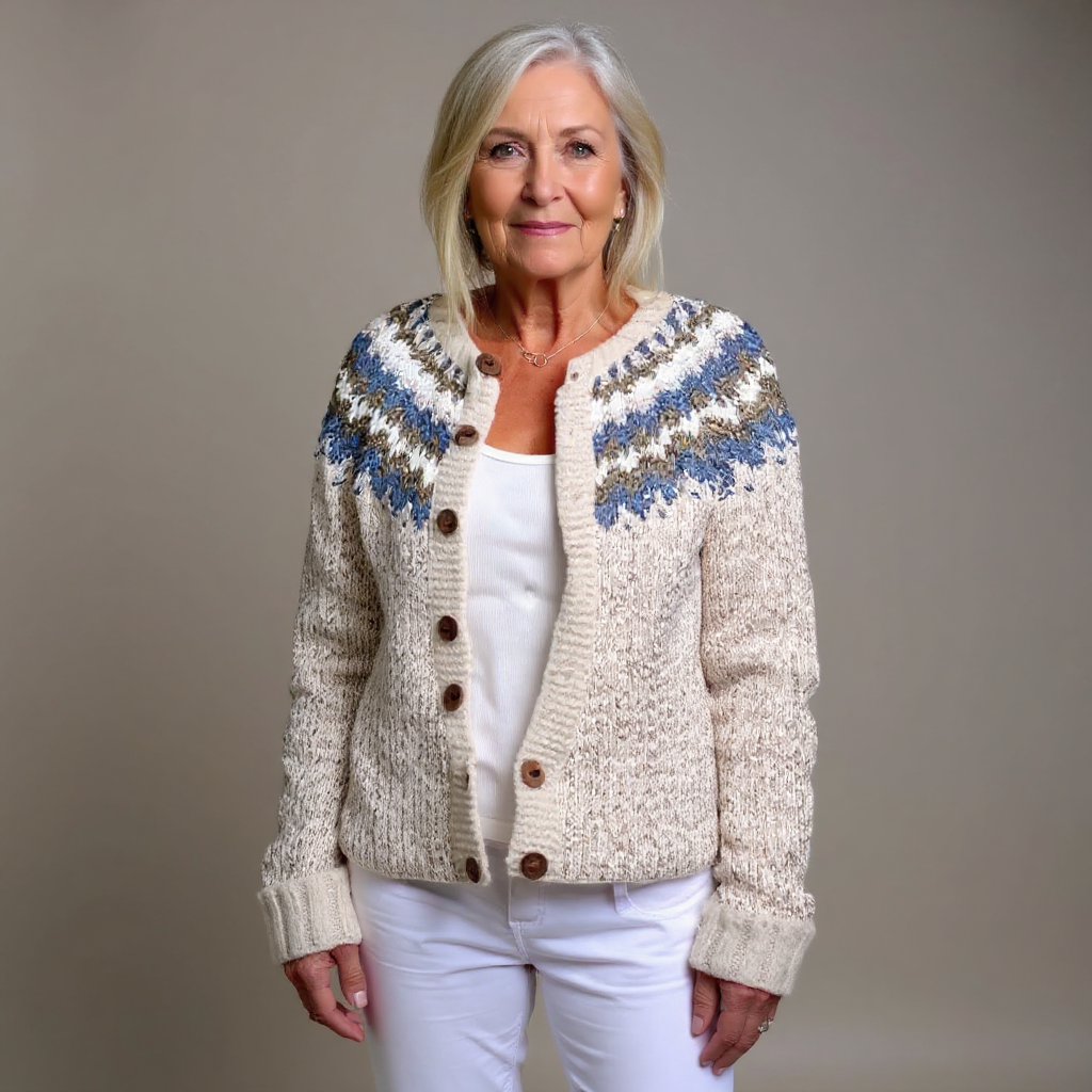 Penny oatmeal and blue Icelandic cardigan, front view
