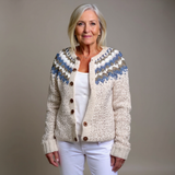 Penny oatmeal and blue Icelandic cardigan, front view