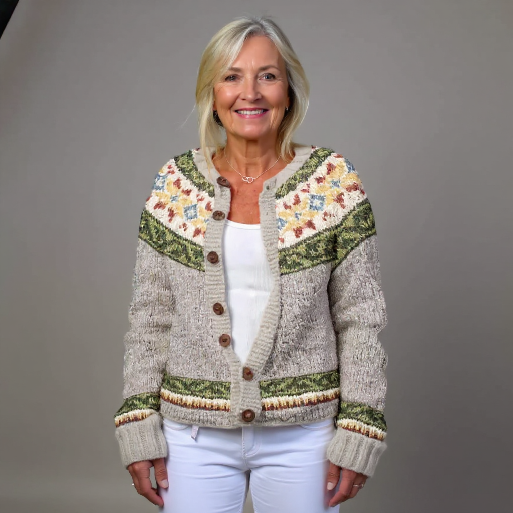 Autumn cream and sage Icelandic cardigan, front view