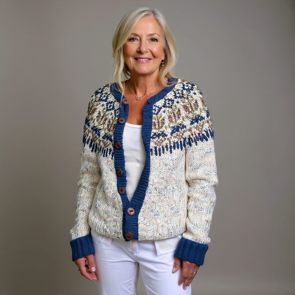 Harper cream and navy Icelandic cardigan, front view