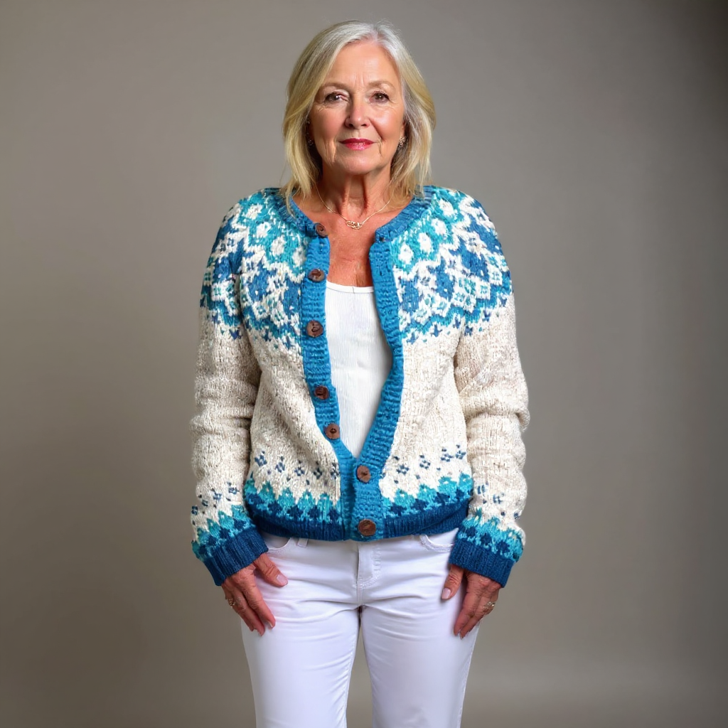 Maeve cream and blue Icelandic cardigan, front view