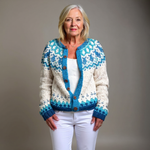 Maeve cream and blue Icelandic cardigan, front view