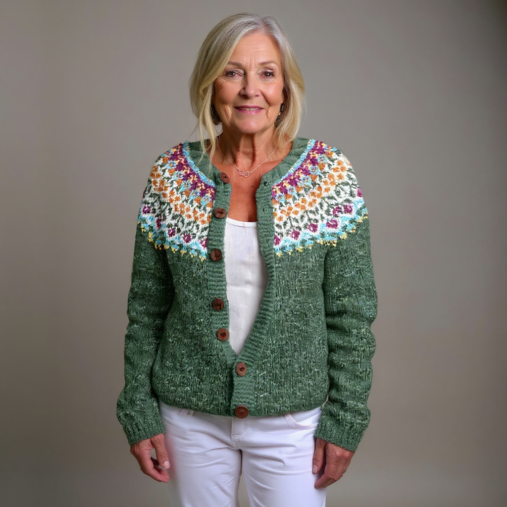 Ella green floral Icelandic cardigan, front view