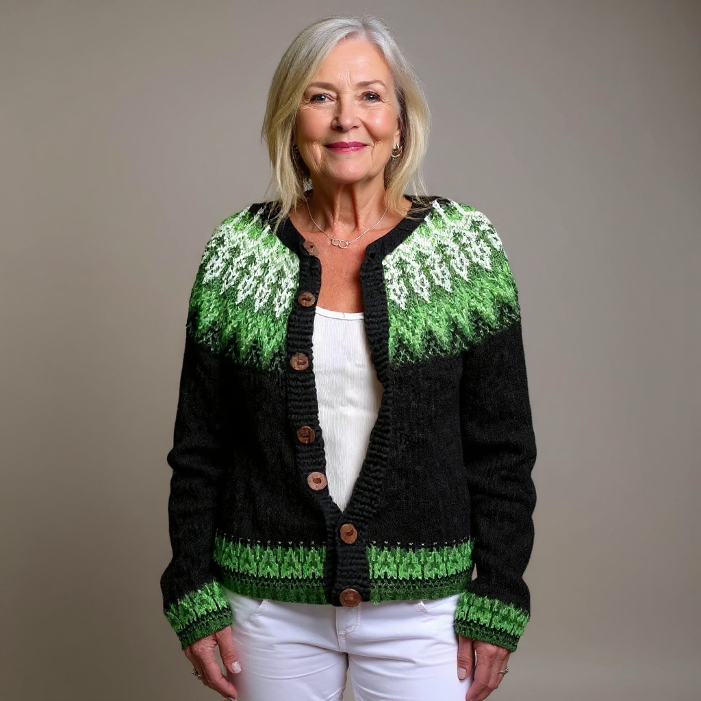 Sadie black and green Icelandic cardigan, front view