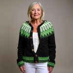 Sadie black and green Icelandic cardigan, front view