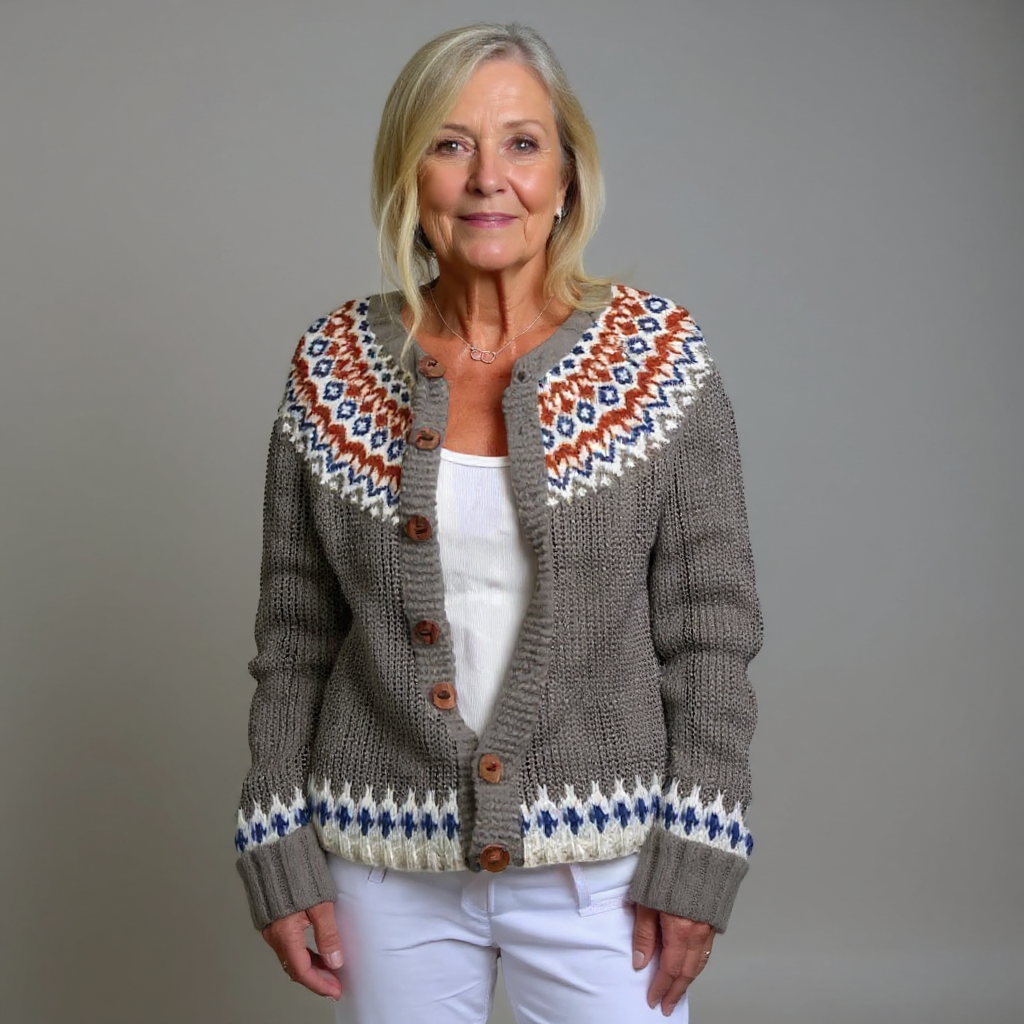 Bella grey and rust Icelandic cardigan, front view