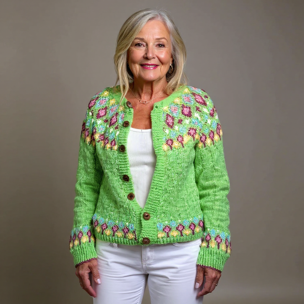 Ruby lime green floral Icelandic cardigan, front view