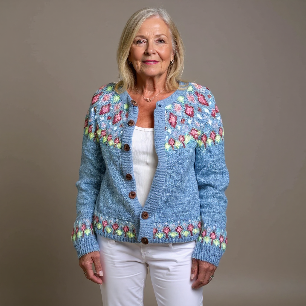 Quinn pale blue floral Icelandic cardigan, front view