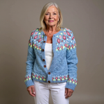 Quinn pale blue floral Icelandic cardigan, front view