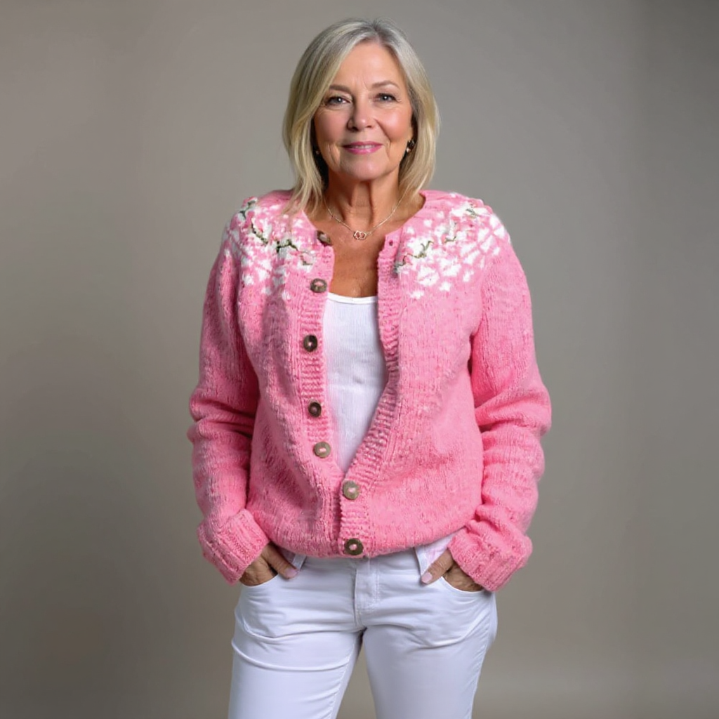 Vera soft pink floral Icelandic cardigan, front view