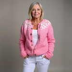 Vera soft pink floral Icelandic cardigan, front view