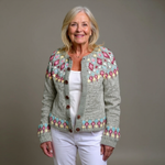 Madeline sage green floral Icelandic cardigan, front view