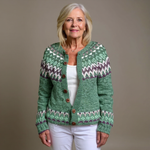 Delia green and burgundy Icelandic cardigan, front view