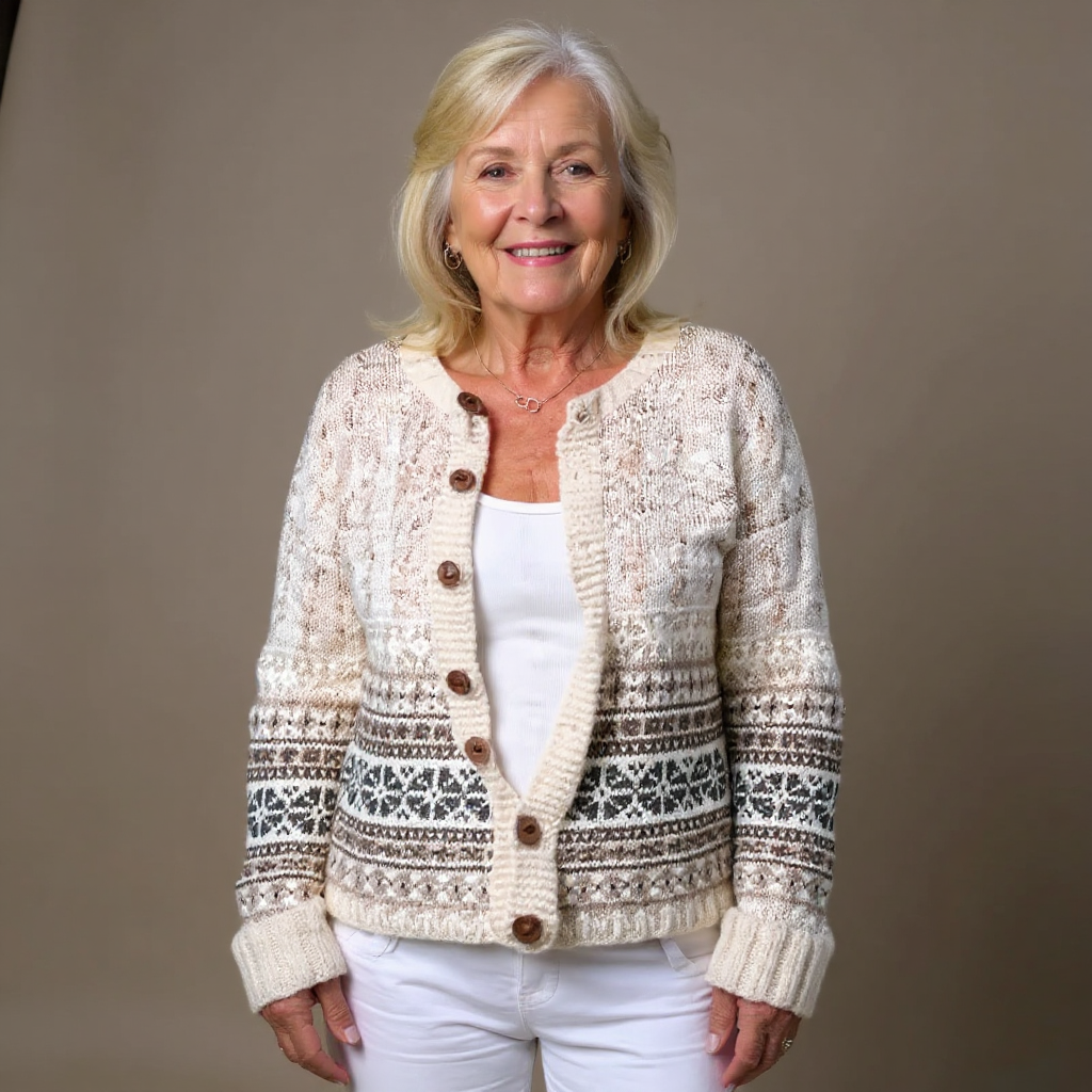 Ellie cream and brown Icelandic cardigan, front view