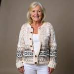 Ellie cream and brown Icelandic cardigan, front view