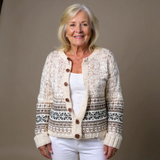 Ellie cream and brown Icelandic cardigan, front view