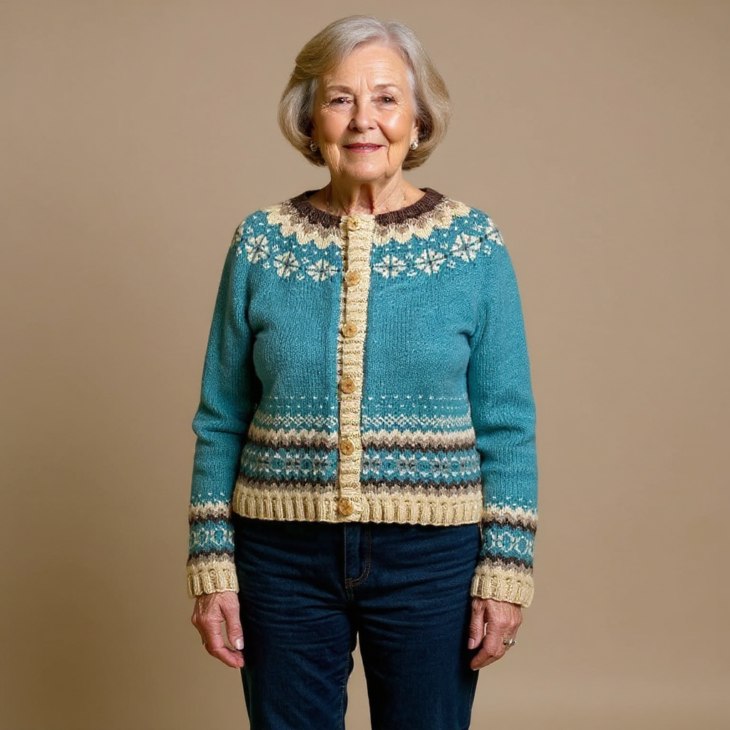 Amelia teal Fair Isle Icelandic cardigan, front view