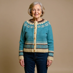 Amelia teal Fair Isle Icelandic cardigan, front view
