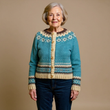Amelia teal Fair Isle Icelandic cardigan, front view