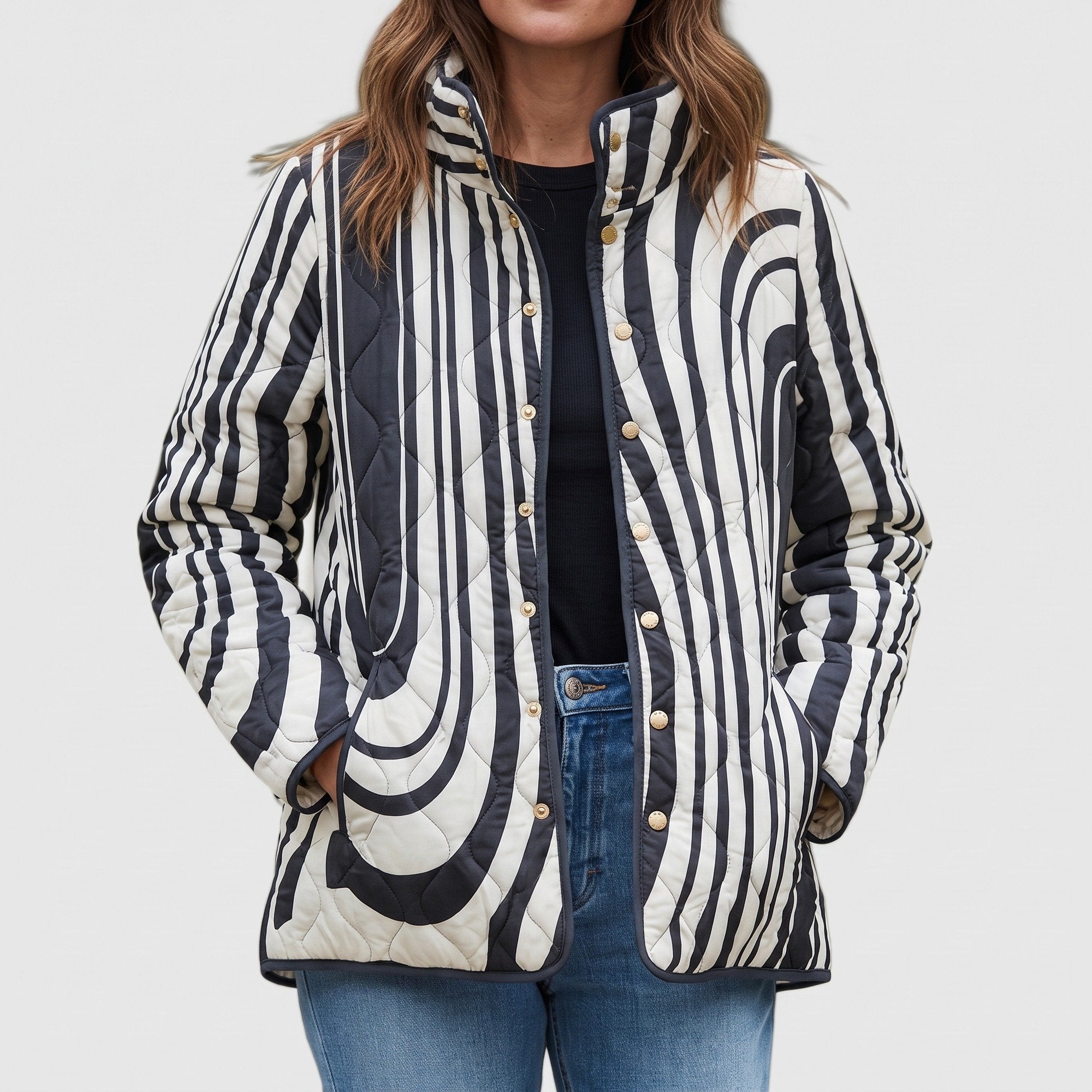 Freya black and white quilted jacket, front view