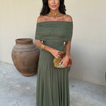 Toledo linen blend one shoulder maxi dress in Green, view 7