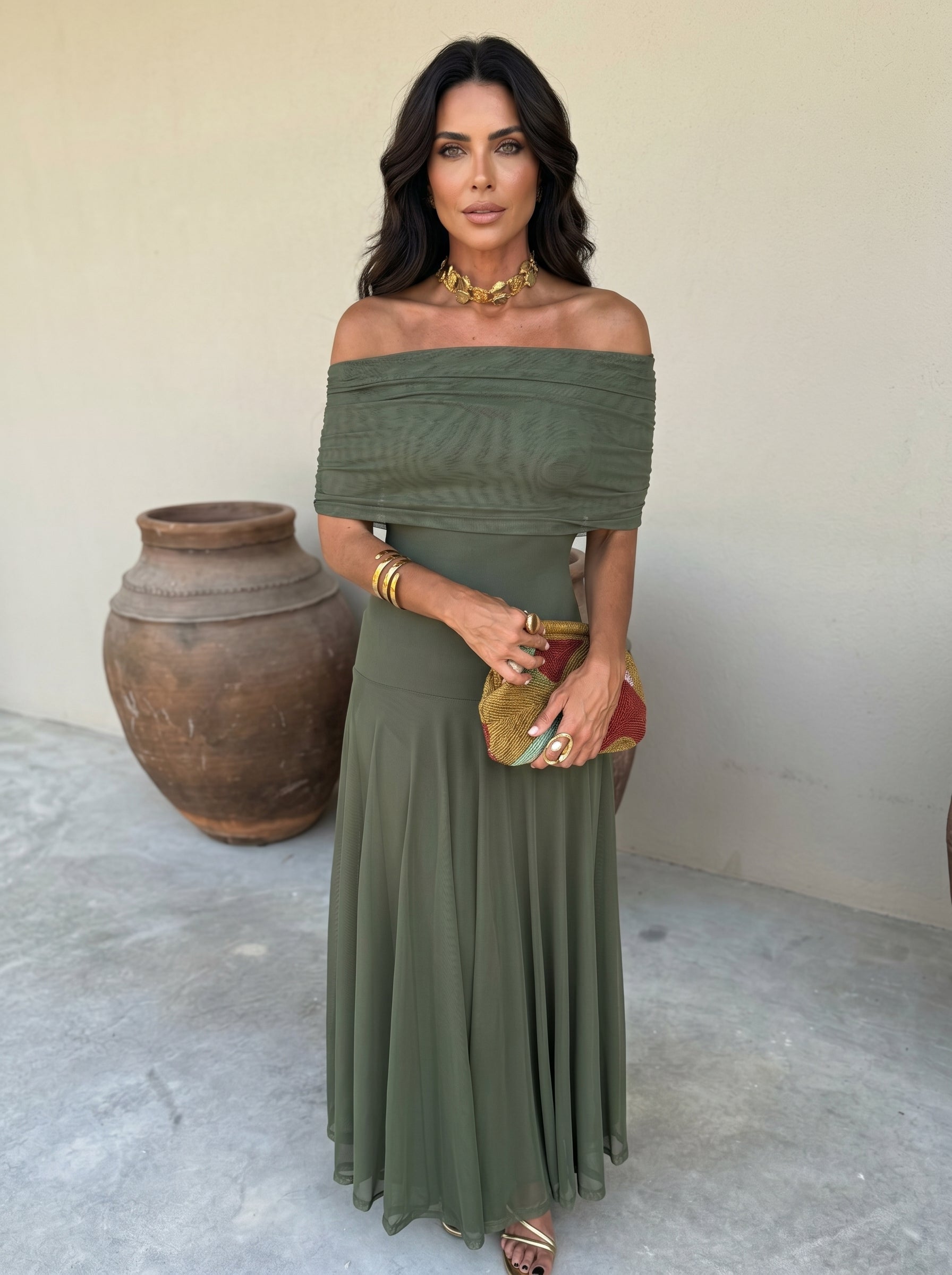 Toledo linen blend one shoulder maxi dress in Green, view 7