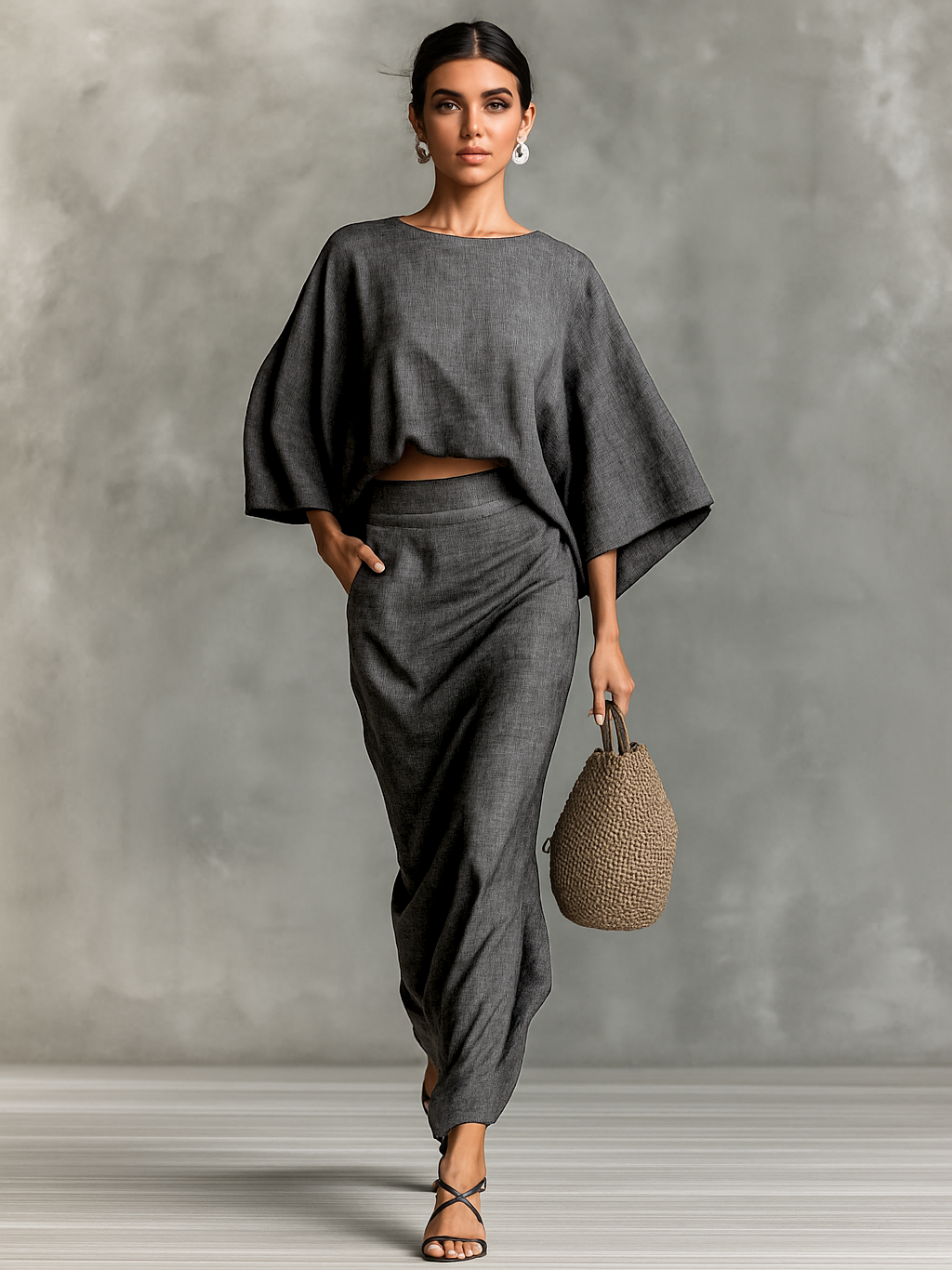 Cotton linen batwing top and skirt set in Dark Grey, view 5