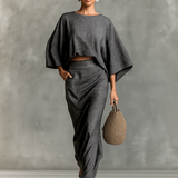 Cotton linen batwing top and skirt set in Dark Grey, view 5