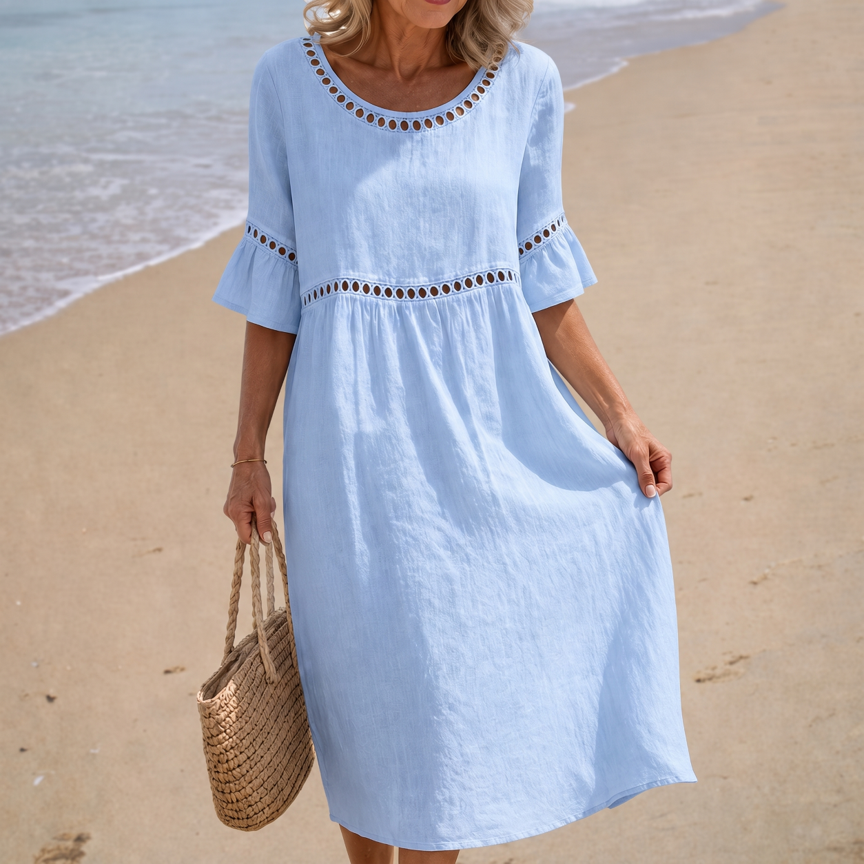 Hélène linen long dress in Sky Blue, front view