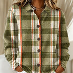 Hazel olive green checked knitted jacket, front view