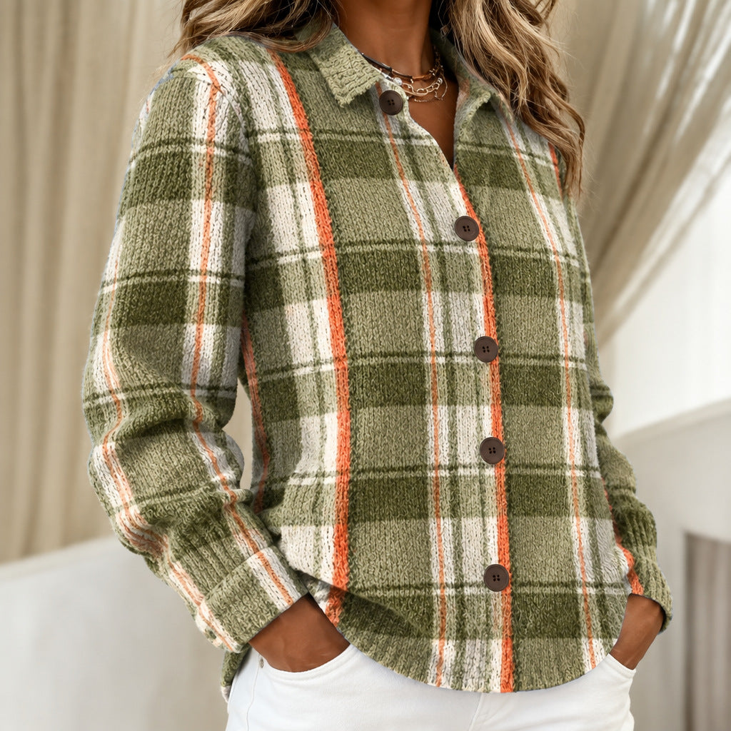 Hazel olive green checked knitted jacket, view 2