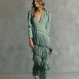 Chiara Dress with Fringe Sleeves in Light Green, view 3