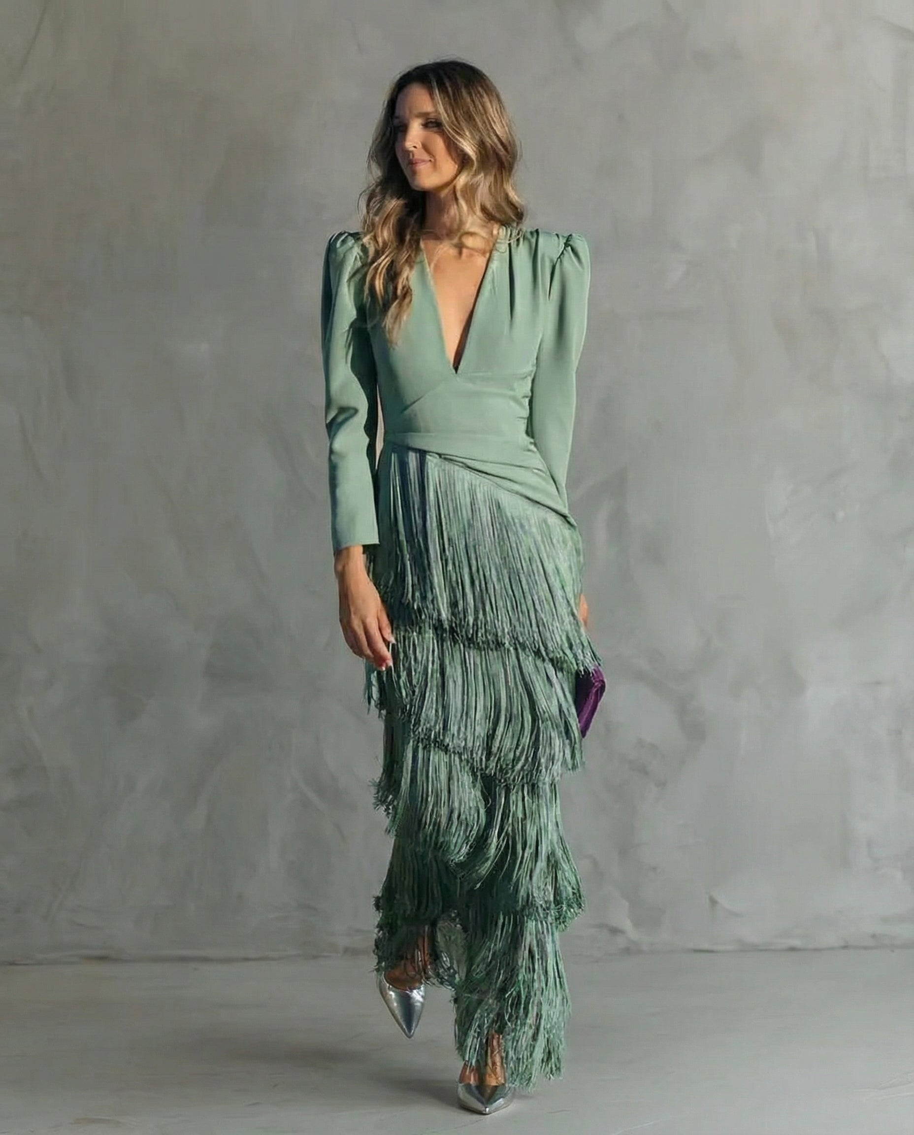 Chiara Dress with Fringe Sleeves in Light Green, view 3