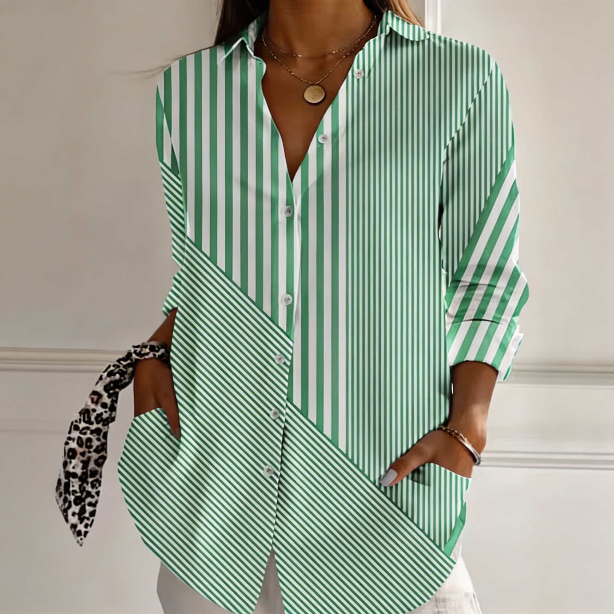 Savannah green striped blouse, view 2