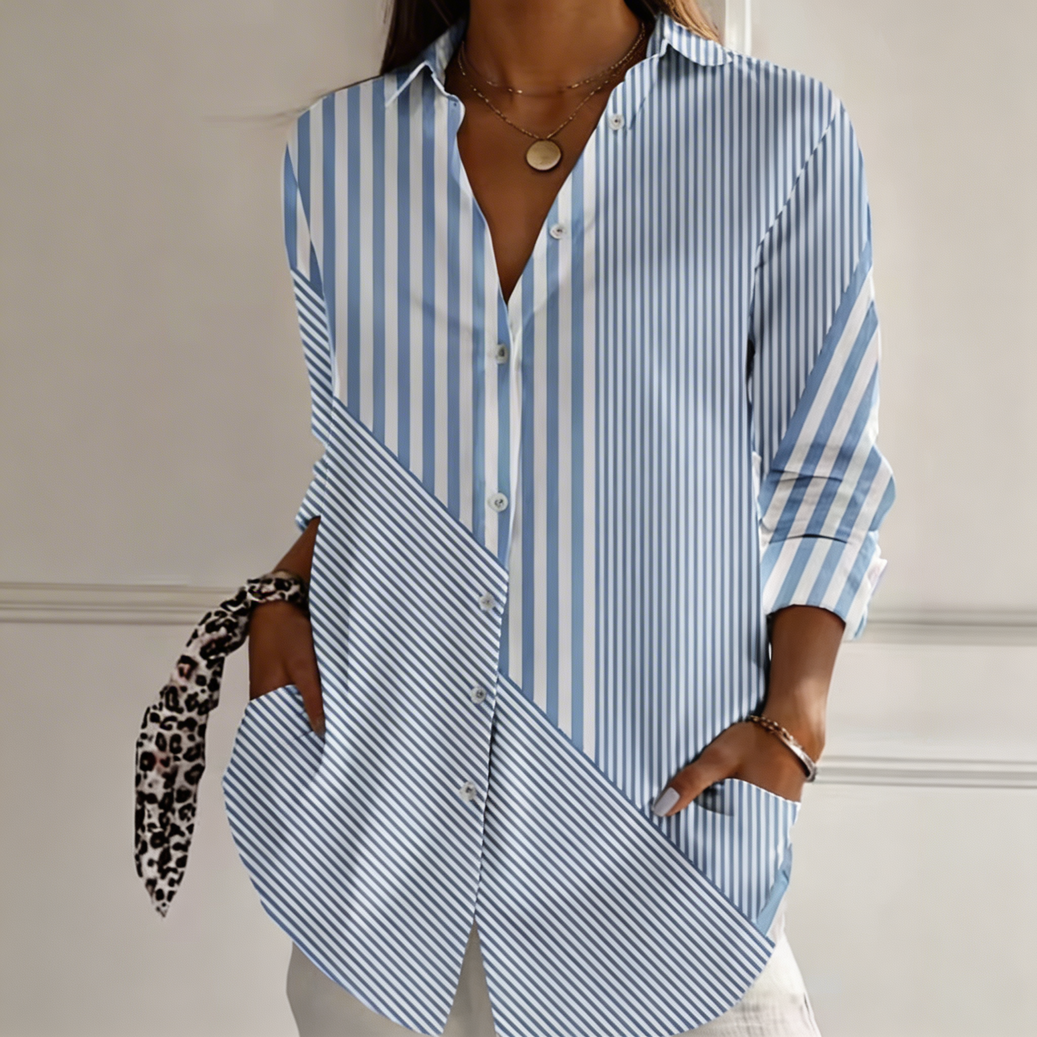 Addison blue striped patchwork blouse, view 2