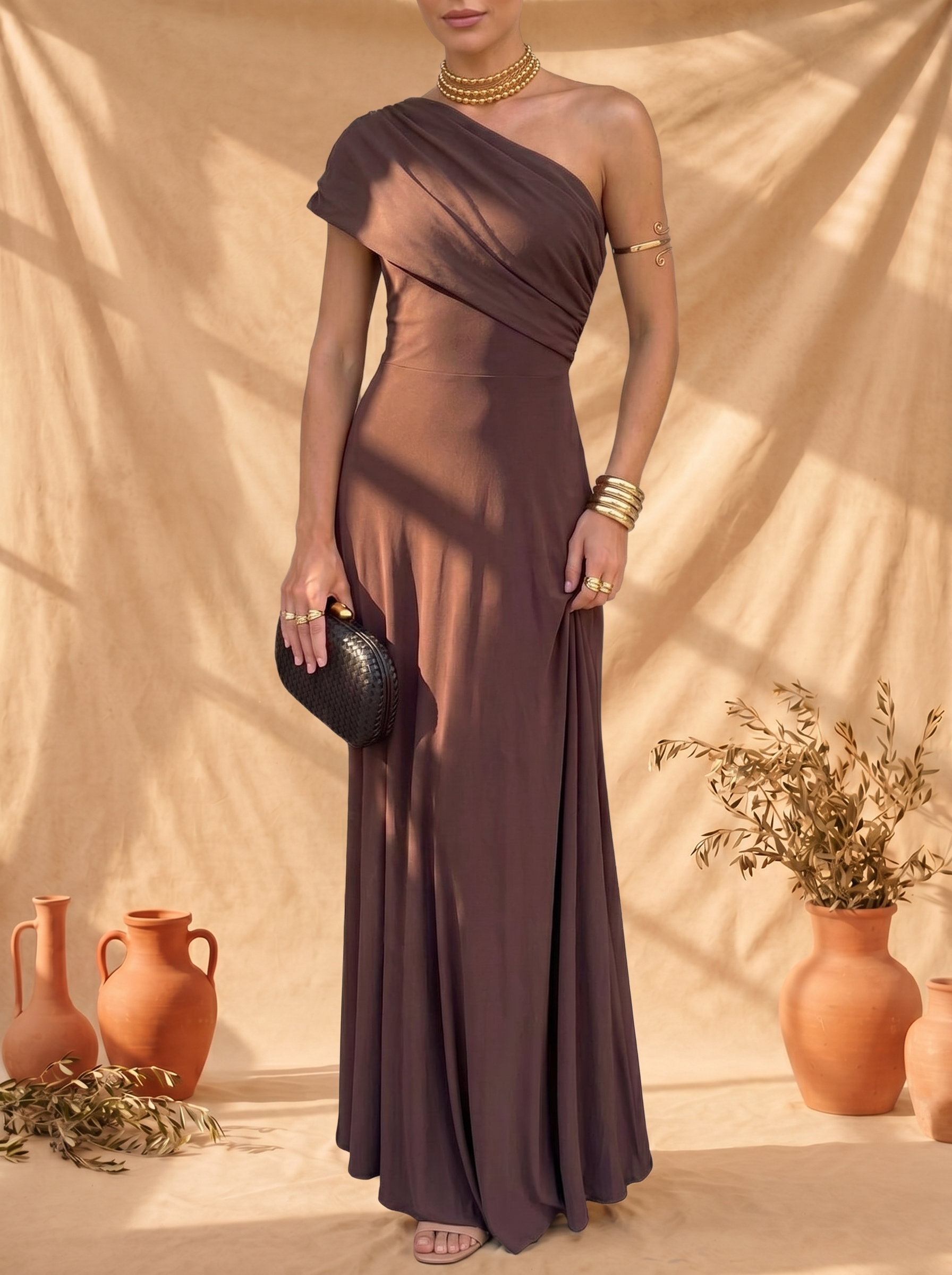 Toledo linen blend one shoulder maxi dress, view 2