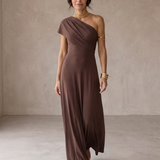 Toledo linen blend one shoulder maxi dress, front view