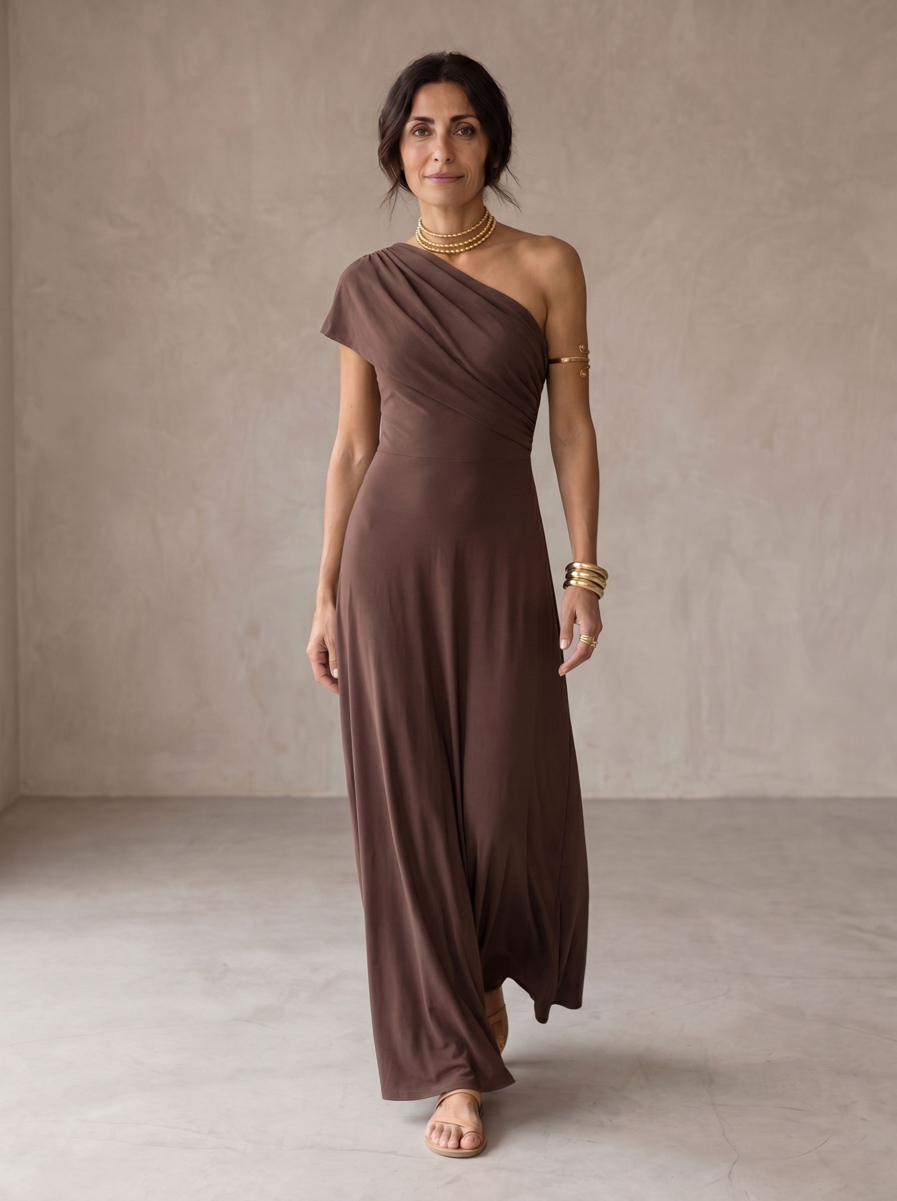 Toledo linen blend one shoulder maxi dress, front view