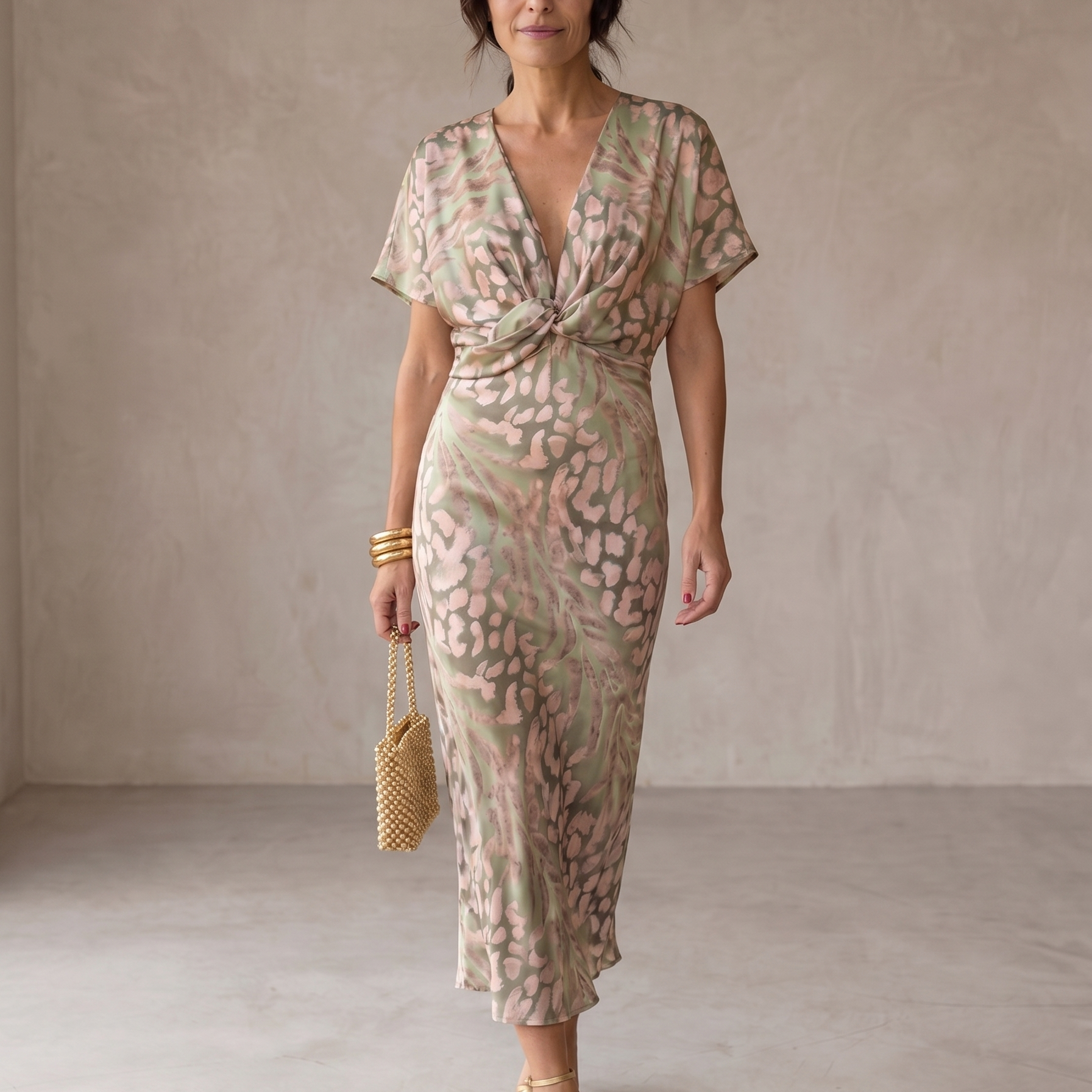 Antonella copper wrap midi dress, front view