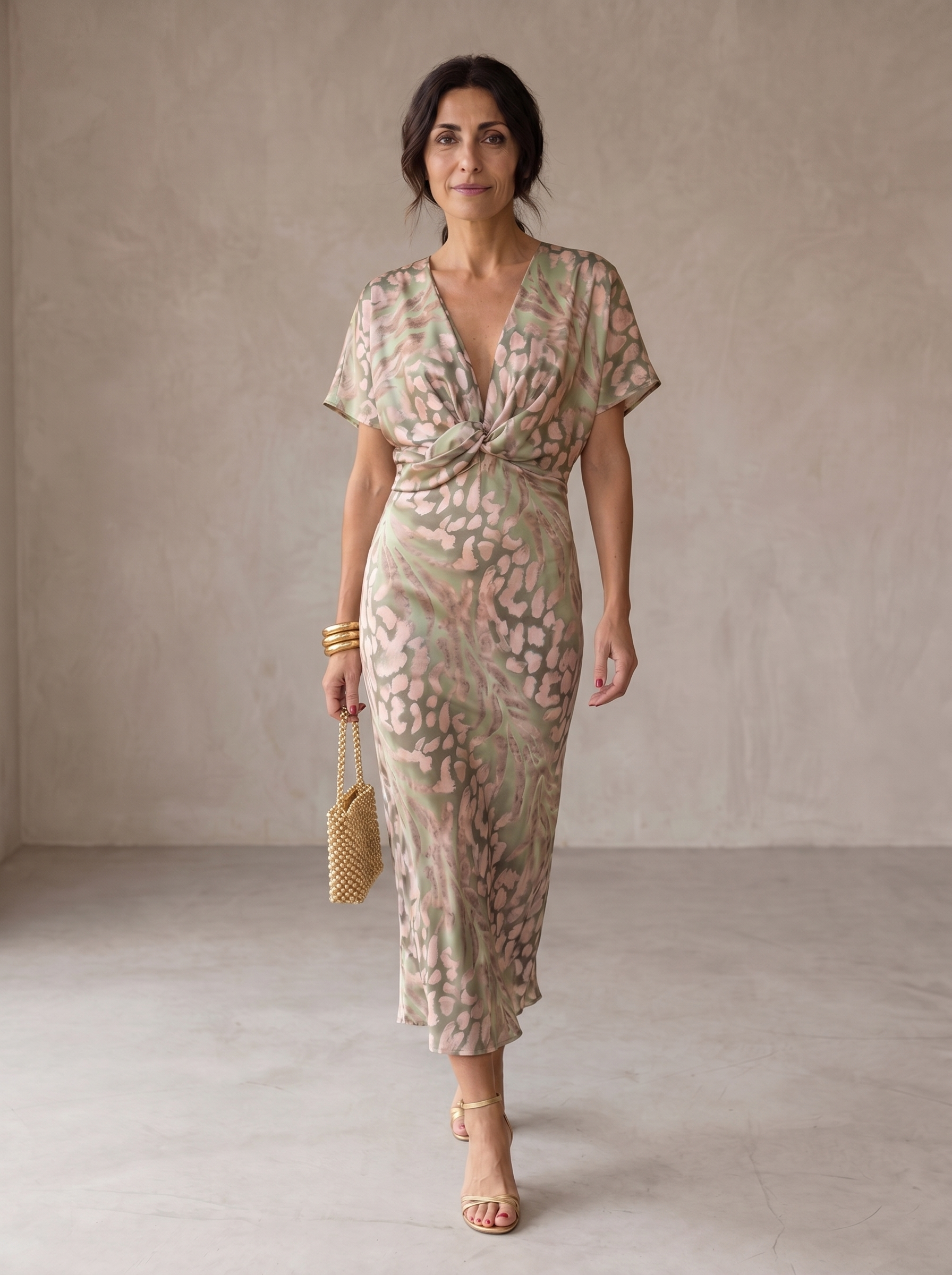 Antonella copper wrap midi dress, front view