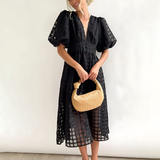 Beatrice puff sleeve V neck midi dress in Black, view 2