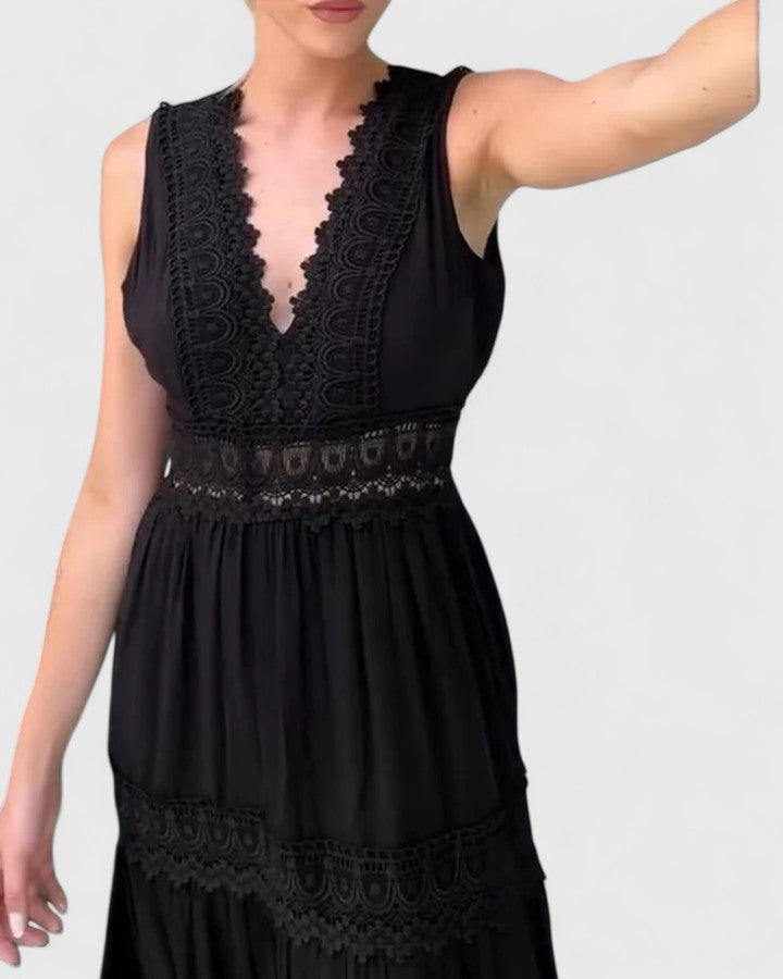 Alena lace V neck tiered midi dress in Black, view 6