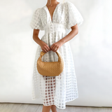 Beatrice puff sleeve V neck midi dress in White, view 3