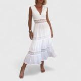 Alena lace V neck tiered midi dress, front view