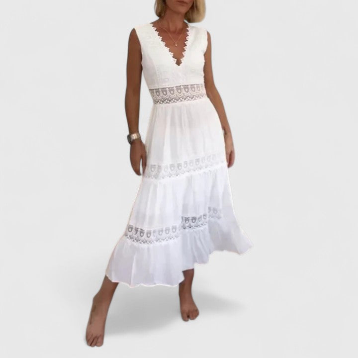 Alena lace V neck tiered midi dress, front view