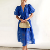 Beatrice puff sleeve V neck midi dress in Blue, view 5