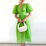 Beatrice puff sleeve V neck midi dress in Green, view 7