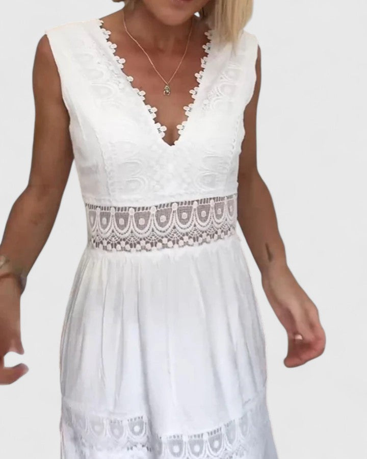 Alena lace V neck tiered midi dress, view 9