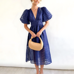 Beatrice puff sleeve V neck midi dress in Navy Blue, view 6