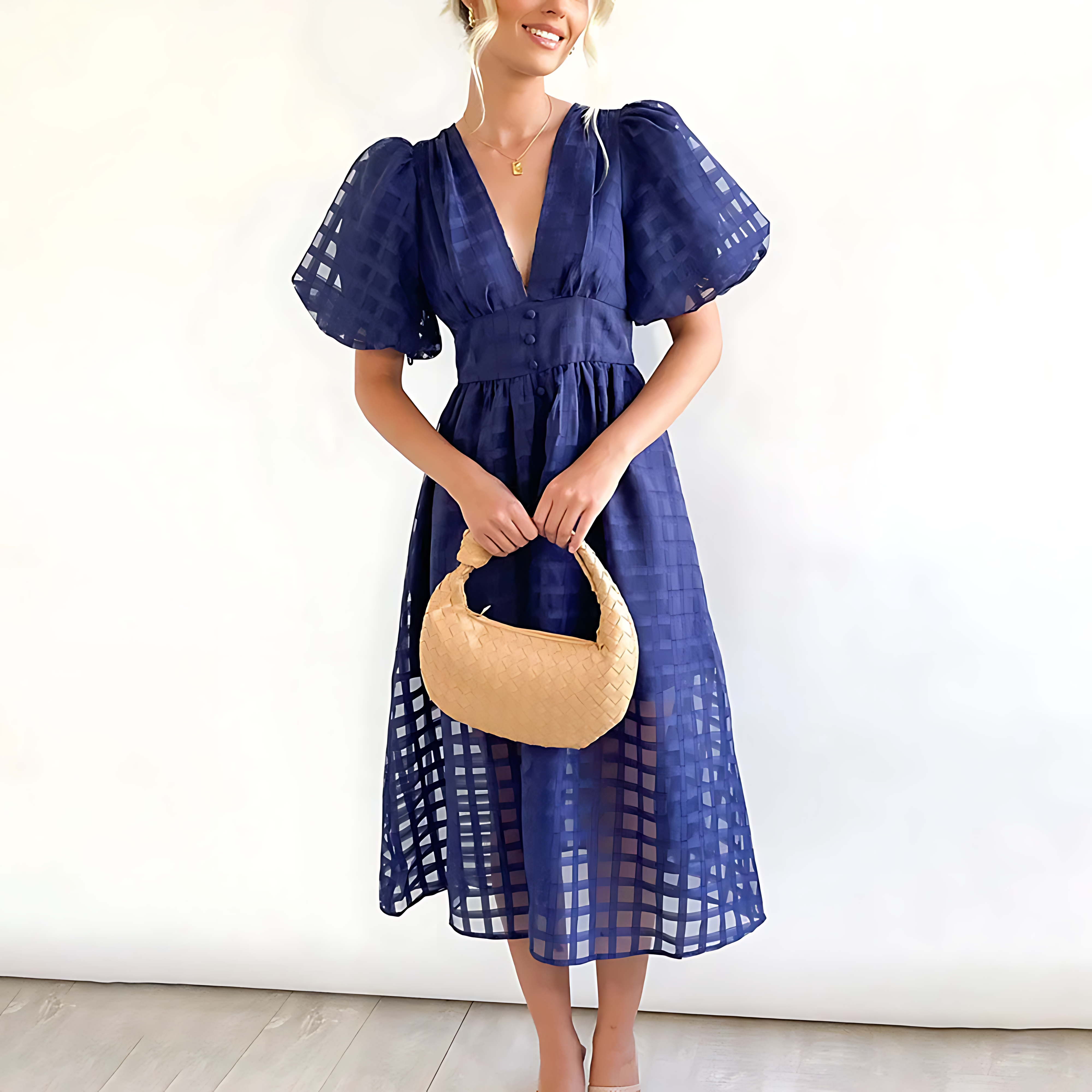 Beatrice puff sleeve V neck midi dress in Navy Blue, view 6